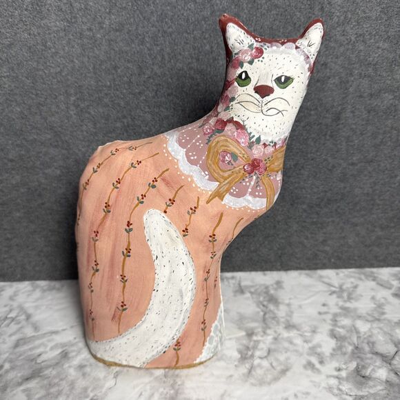 Hand Painted Oil Cloth Canvas Floral Cat Signed Folk Art Figure 10.5" Stuffed - Picture 1 of 7